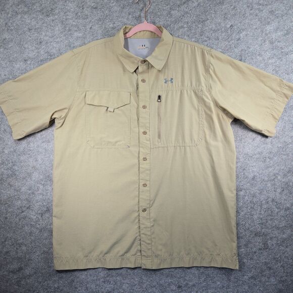 Under Armour All Seasons Gear Short Sleeve Button Up Shirt Men's XL Tan Vented - Picture 1 of 12